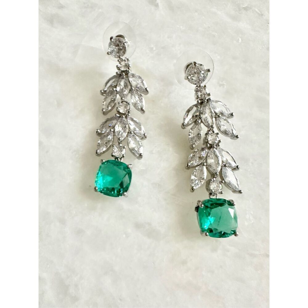 Cubic zirconia and aqua blue cushion cut dangle earrings  - Picture 1 of 2